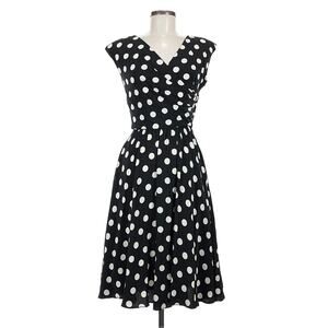 Steve Stolman Vintage Silk Midi A-Line Dress Sz 6 Black Polka Dot Surplice Retro